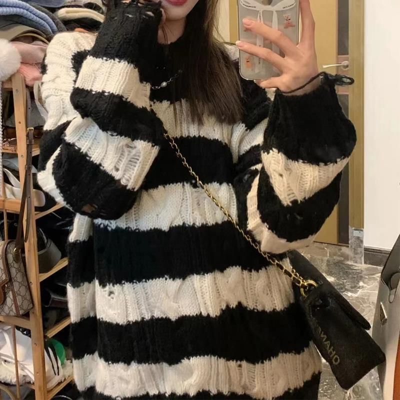 Neck Striped Sweater Knit Crew Distressed Cable