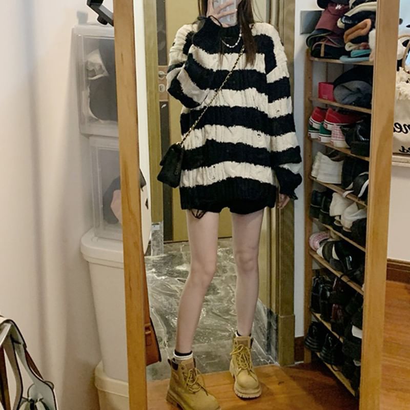 Neck Striped Sweater Knit Crew Distressed Cable
