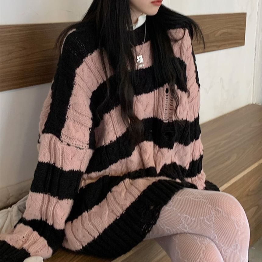 Neck Striped Sweater Knit Crew Distressed Cable