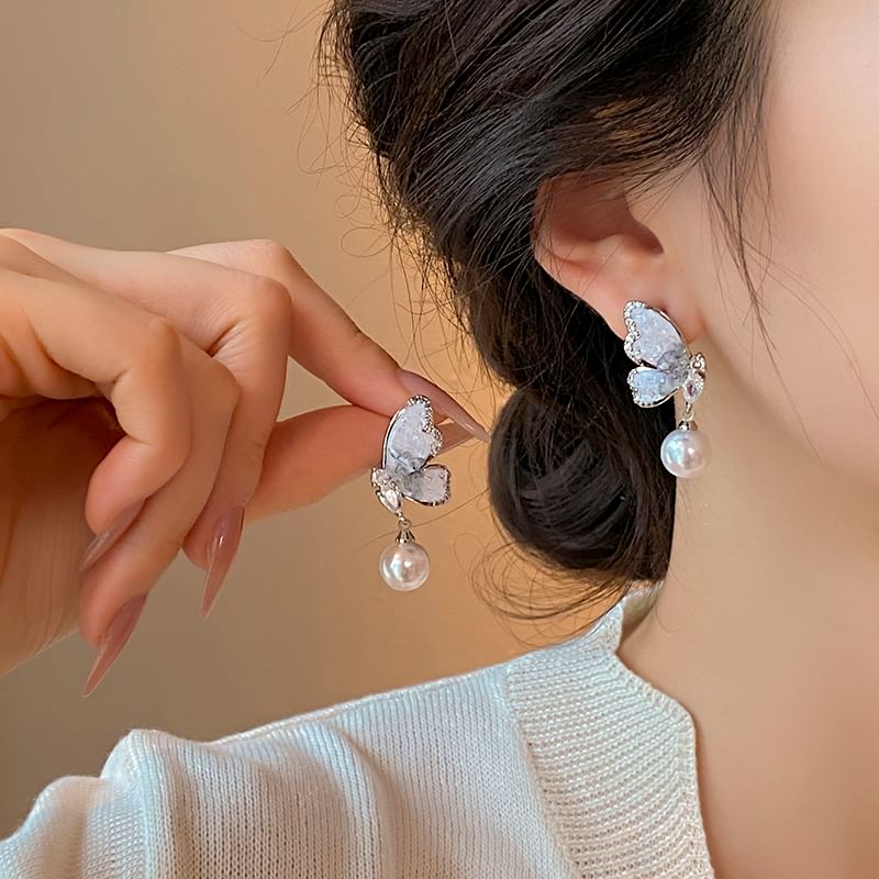 Butterfly Pearl Earring Alloy Faux Crystal Drop