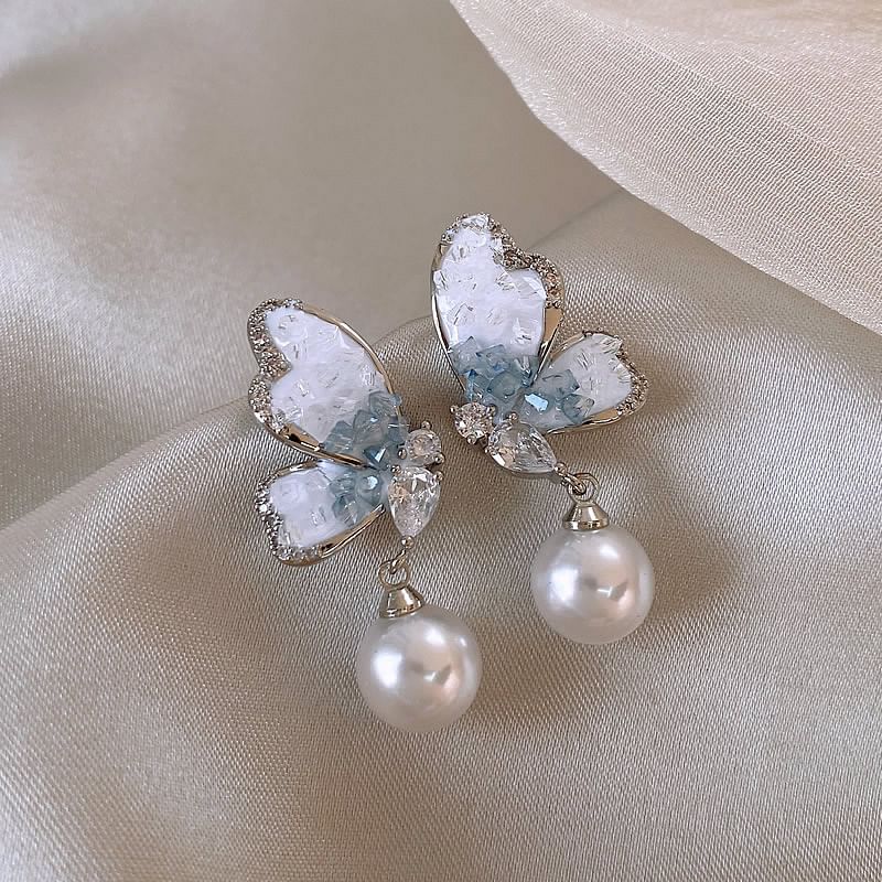 Butterfly Pearl Earring Alloy Faux Crystal Drop