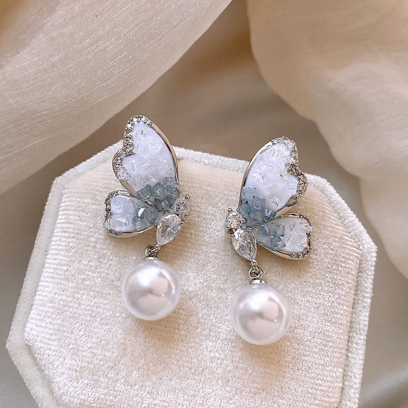 Butterfly Pearl Earring Alloy Faux Crystal Drop