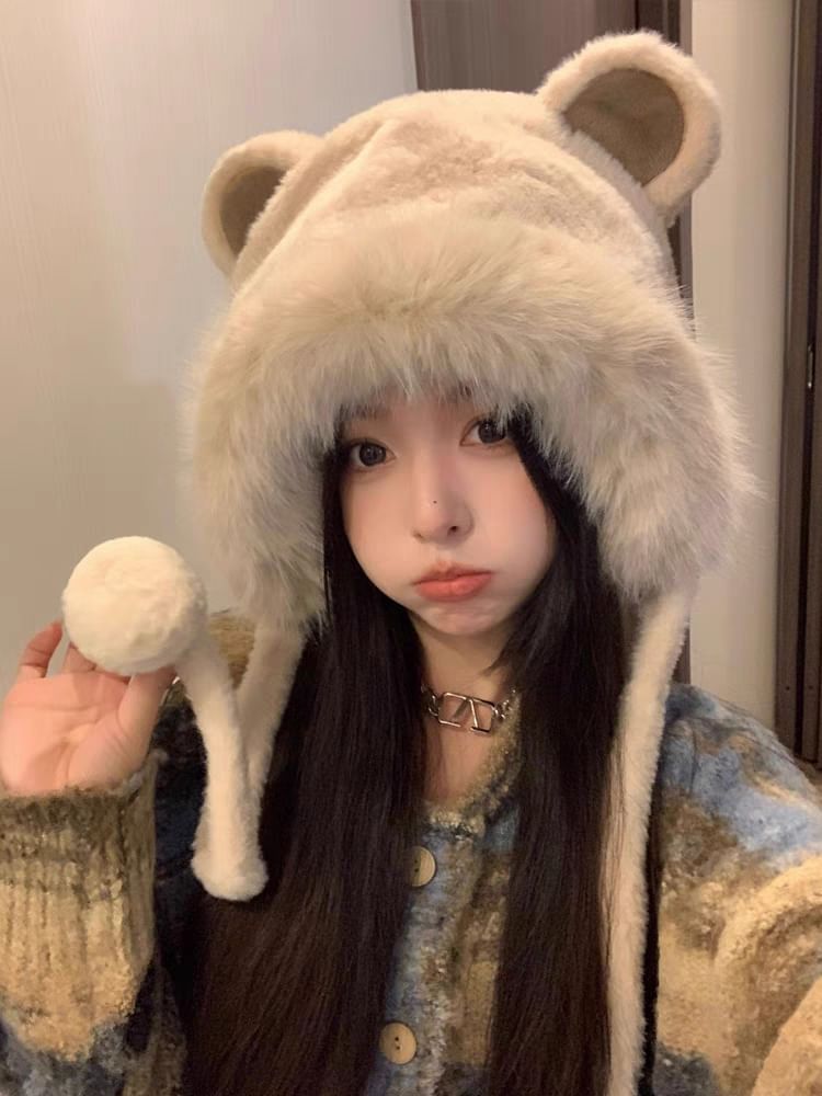Bear Ear Hat Bonnet Fluffy