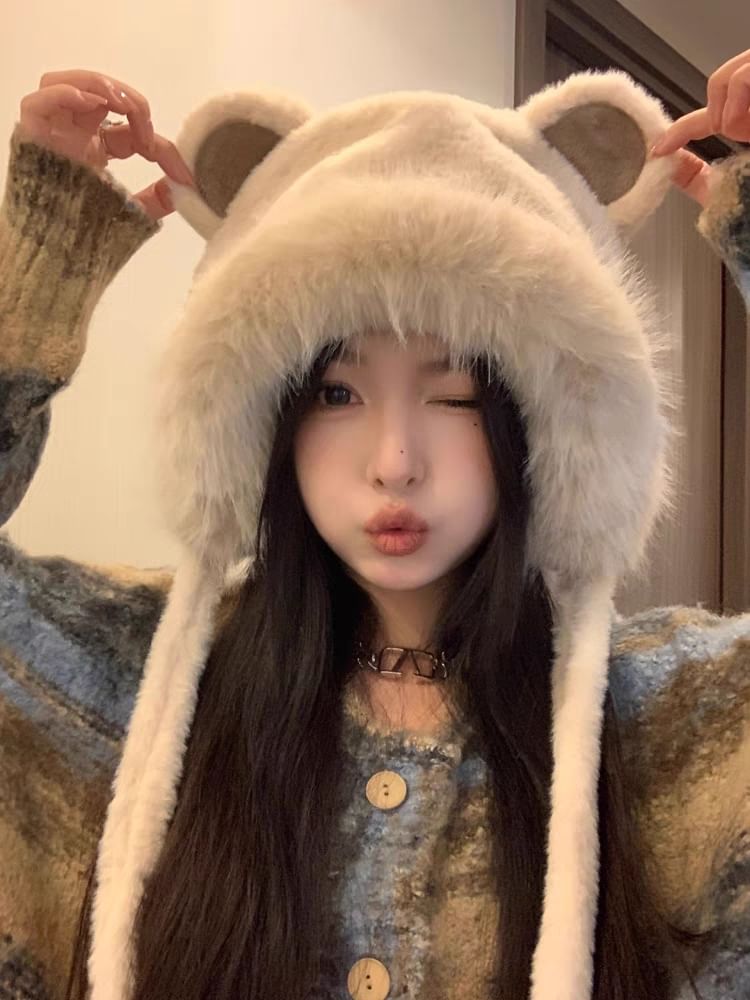 Bear Ear Hat Bonnet Fluffy