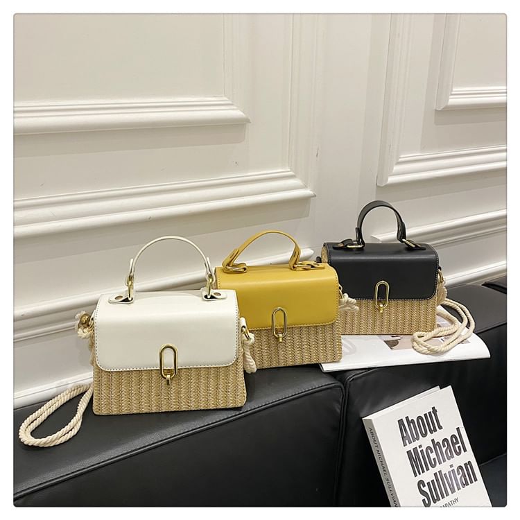 Leather Panel Woven Crossbody Faux Bag