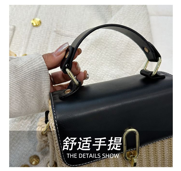 Leather Panel Woven Crossbody Faux Bag