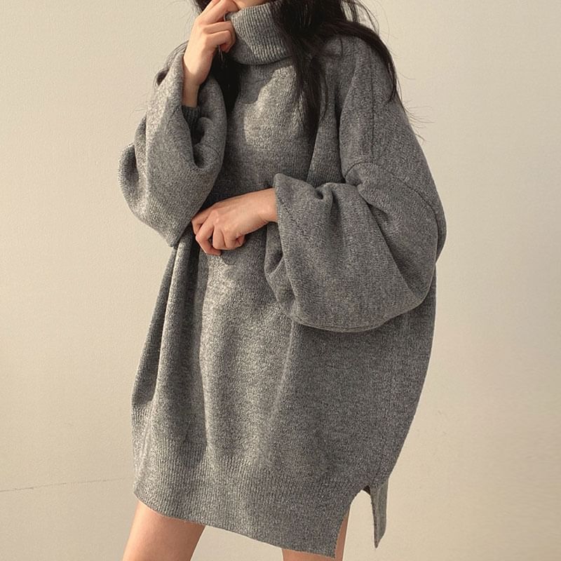 Balloon Sleeve Turtleneck Plain Slit Oversized Sweater