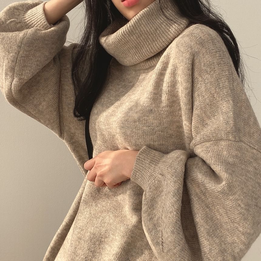 Balloon Sleeve Turtleneck Plain Slit Oversized Sweater