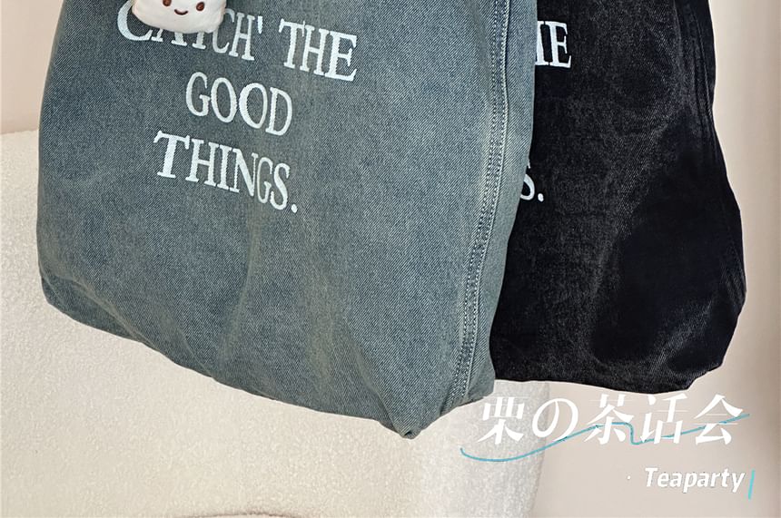 Washed Lettering Denim Tote Bag / Charm / Set