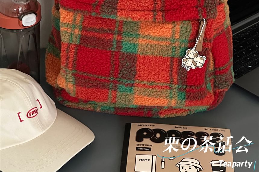 faux Shearling Plaid Backpack / Charm / Set