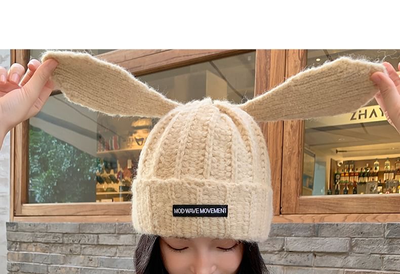 Beanie Ear Applique Lettering Knit Rabbit