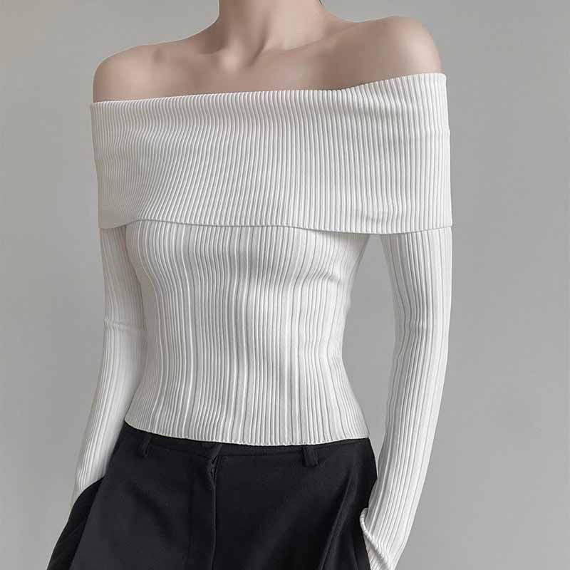 Plain Off Shoulder Ribbed Sweater