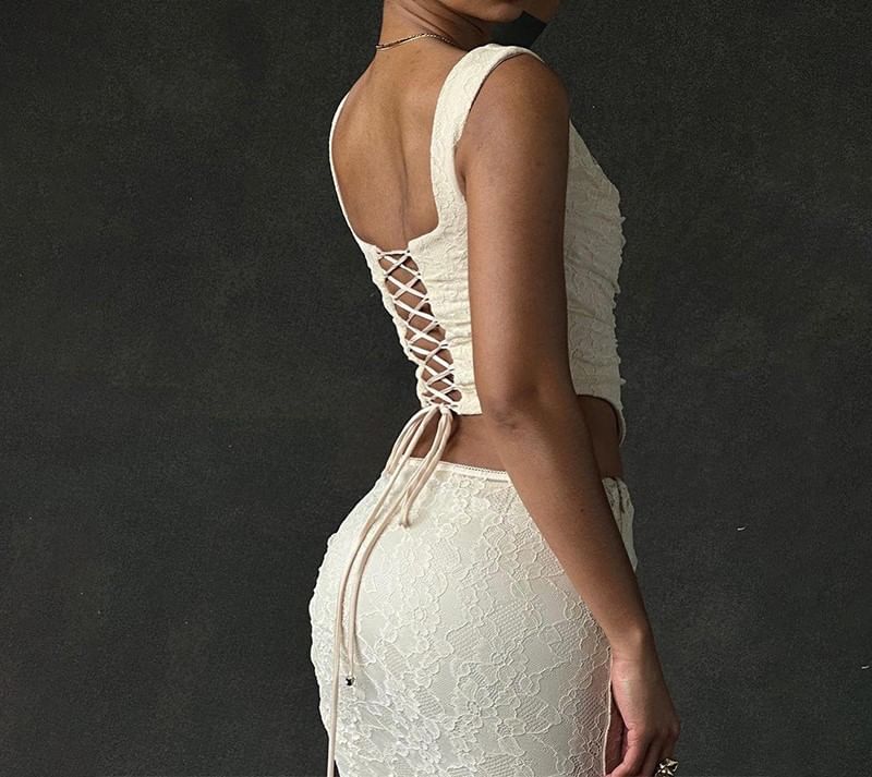 Mermaid High Maxi Square Plain Tank Skirt / Waist Lace Top Crop Neck