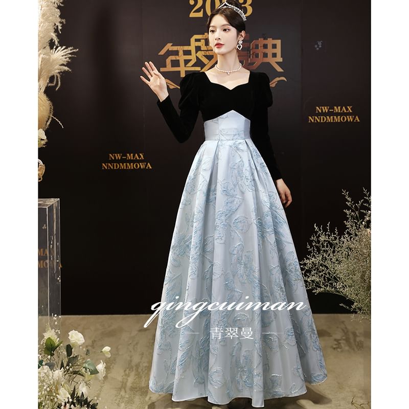 Long-Sleeve V-Neck Two Tone Floral Jacquard A-Line Evening Gown