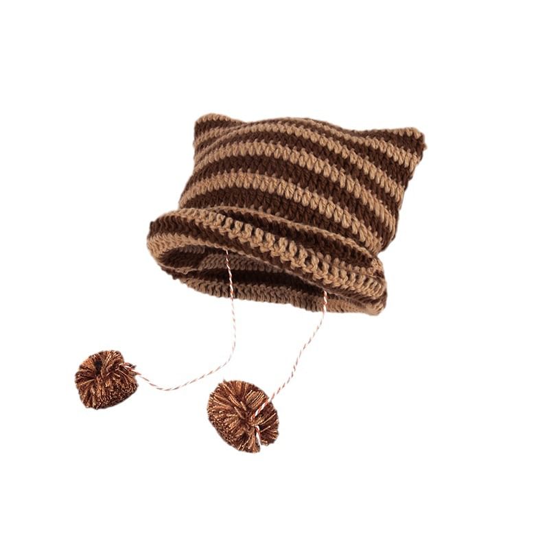 Devil Ear Striped Pom Pom Knit Beanie