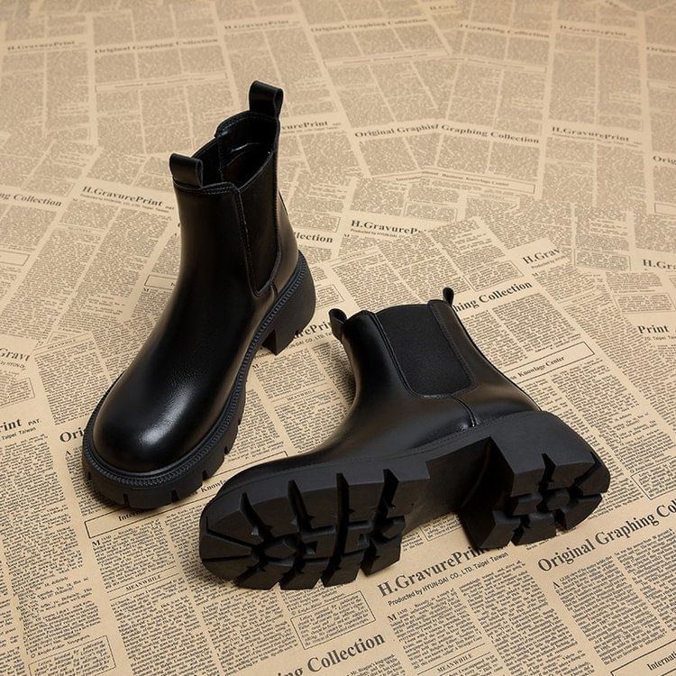 Short Leather Chunky Boots Faux Heel Platform