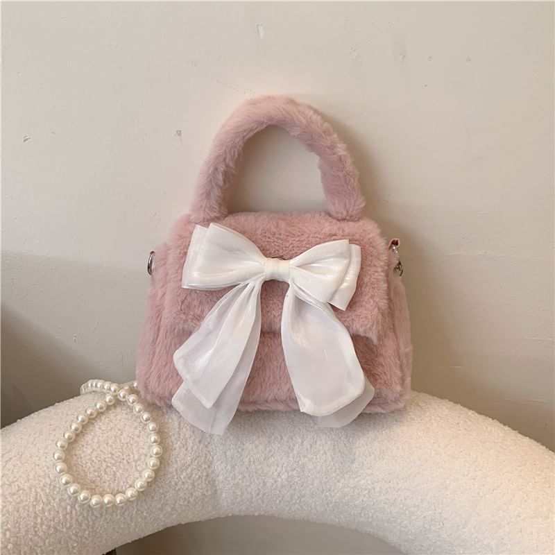 Faux Pearl Strap Fluffy Bow Flap Crossbody Bag