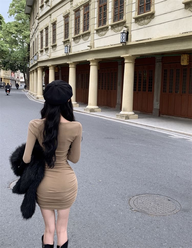 V-Neck Long-Sleeve Dress Plain Mini Bodycon