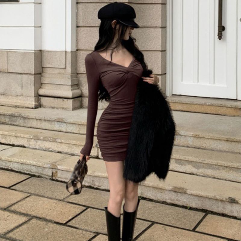 V-Neck Long-Sleeve Dress Plain Mini Bodycon