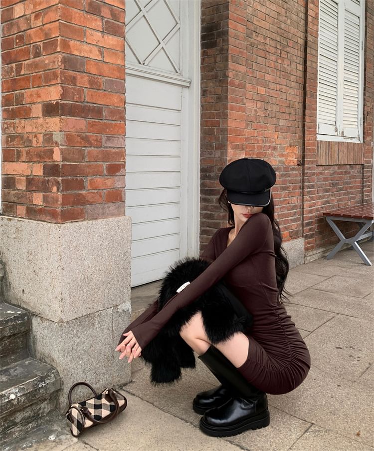 V-Neck Long-Sleeve Dress Plain Mini Bodycon