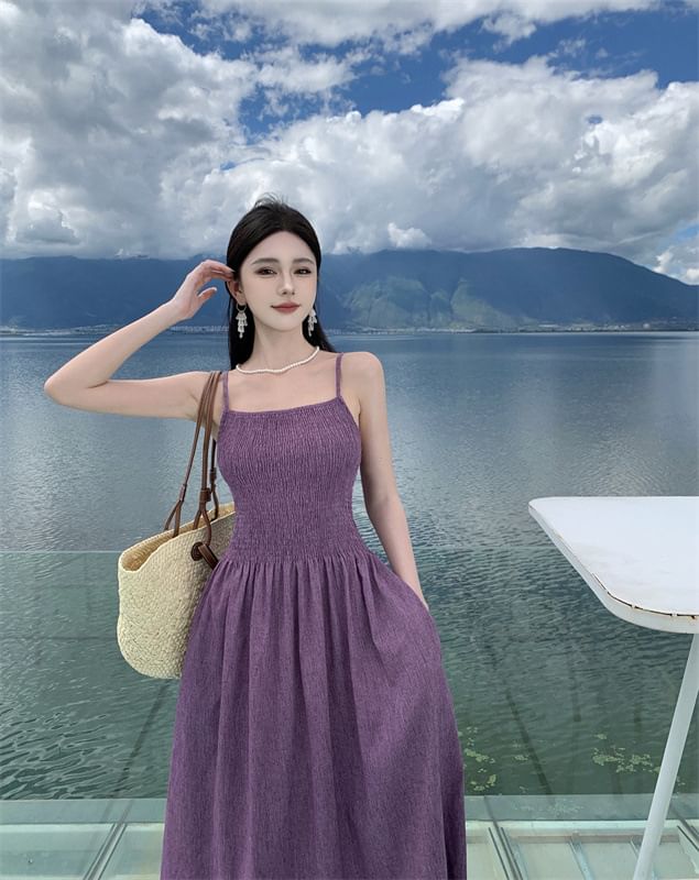 A-Line Spaghetti Midi Strap Dress Plain