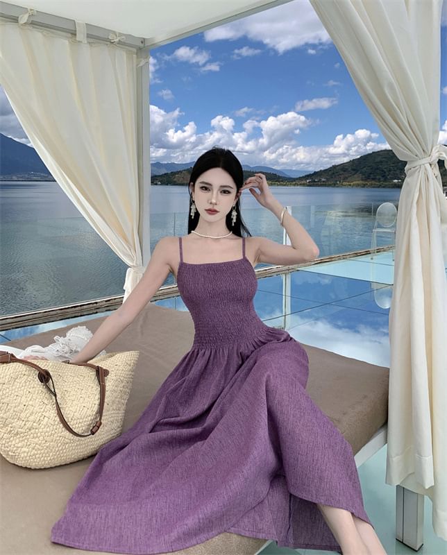 A-Line Spaghetti Midi Strap Dress Plain