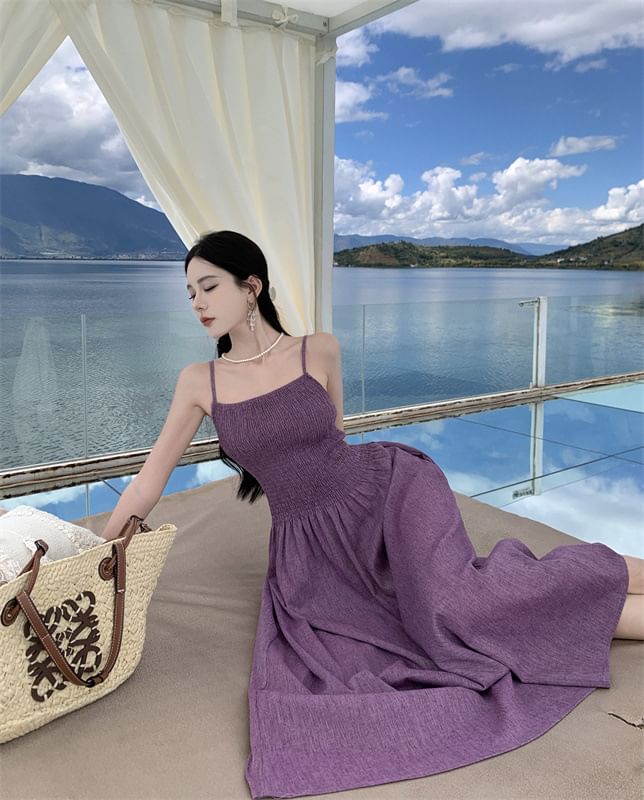 A-Line Spaghetti Midi Strap Dress Plain