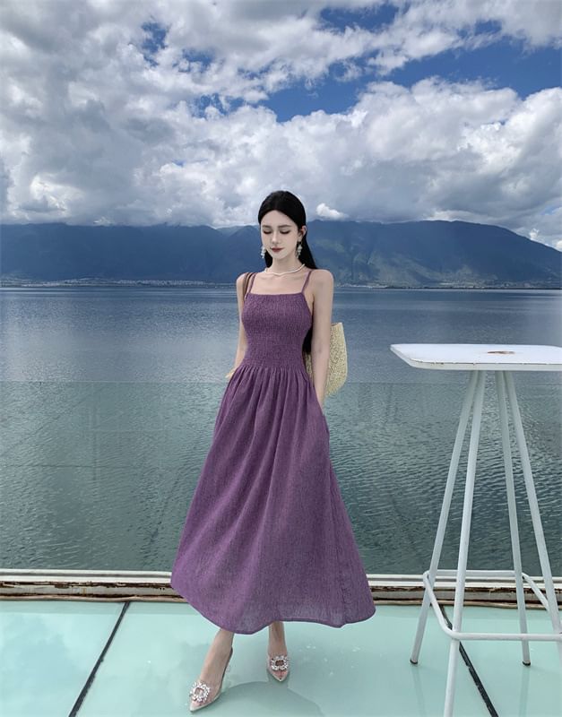 A-Line Spaghetti Midi Strap Dress Plain