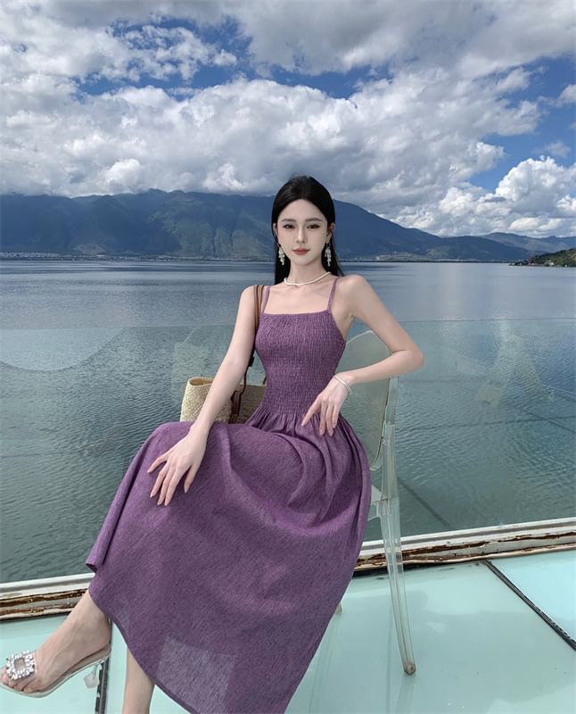 A-Line Spaghetti Midi Strap Dress Plain