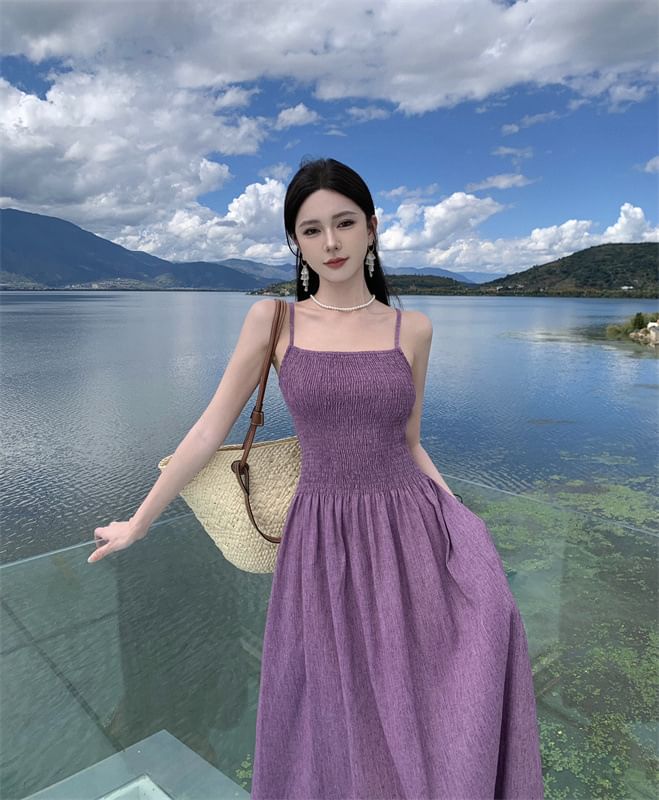 A-Line Spaghetti Midi Strap Dress Plain