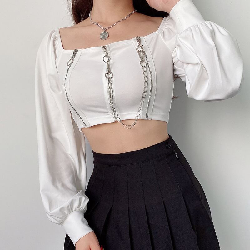 Square-Neck Plain Zip Cropped Top