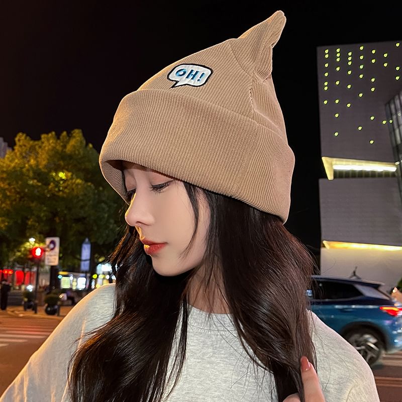 Embroidered Ear Knit Lettering Beanie Cat