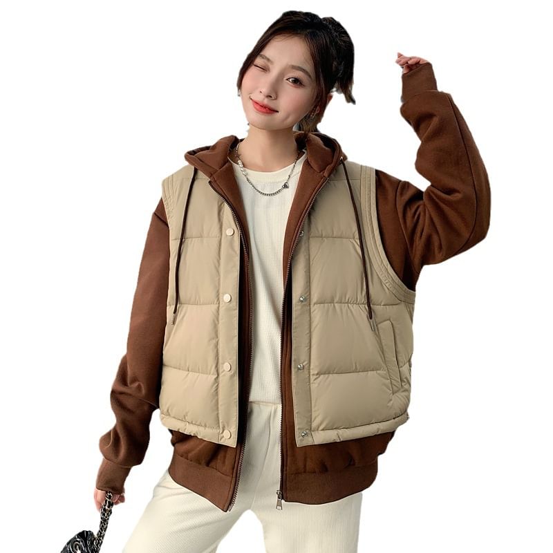 Hooded Mock Two Piece Puffer Zip Jacket