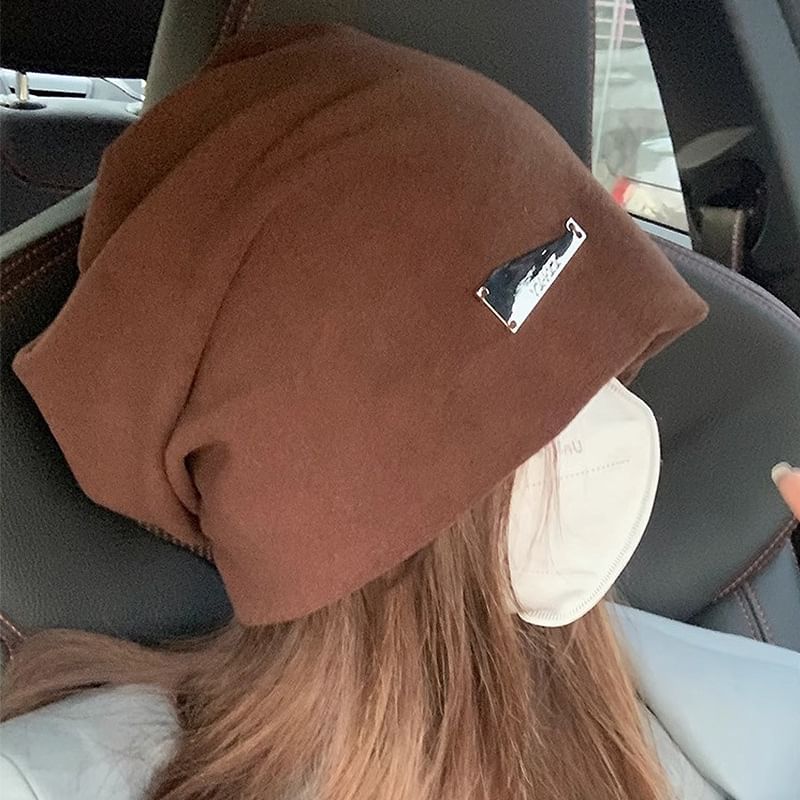 Metal Beanie Plate Knit Slouchy