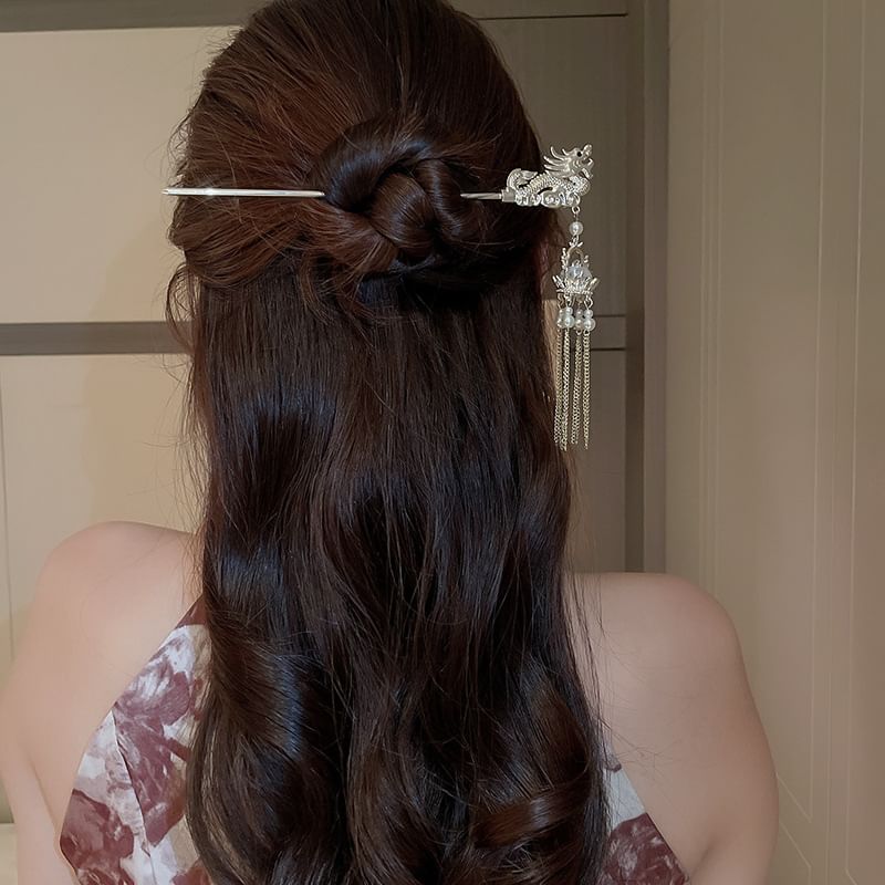 Pearl Faux Dragon Hair Stick Fringed