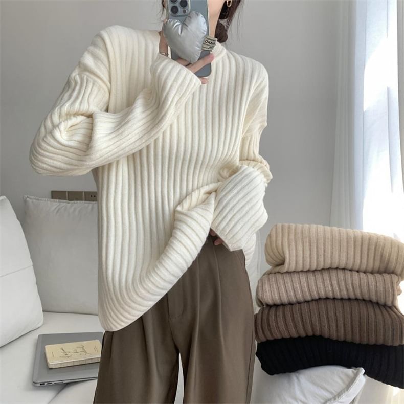 Neck Sweater Crew Plain Ribbed