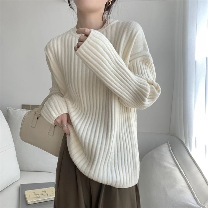 Neck Sweater Crew Plain Ribbed