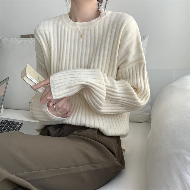 Neck Sweater Crew Plain Ribbed