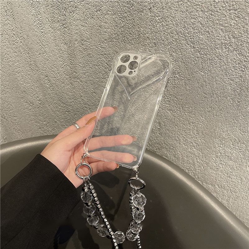 Transparent Phone Case Faux Heart Crystal Chain