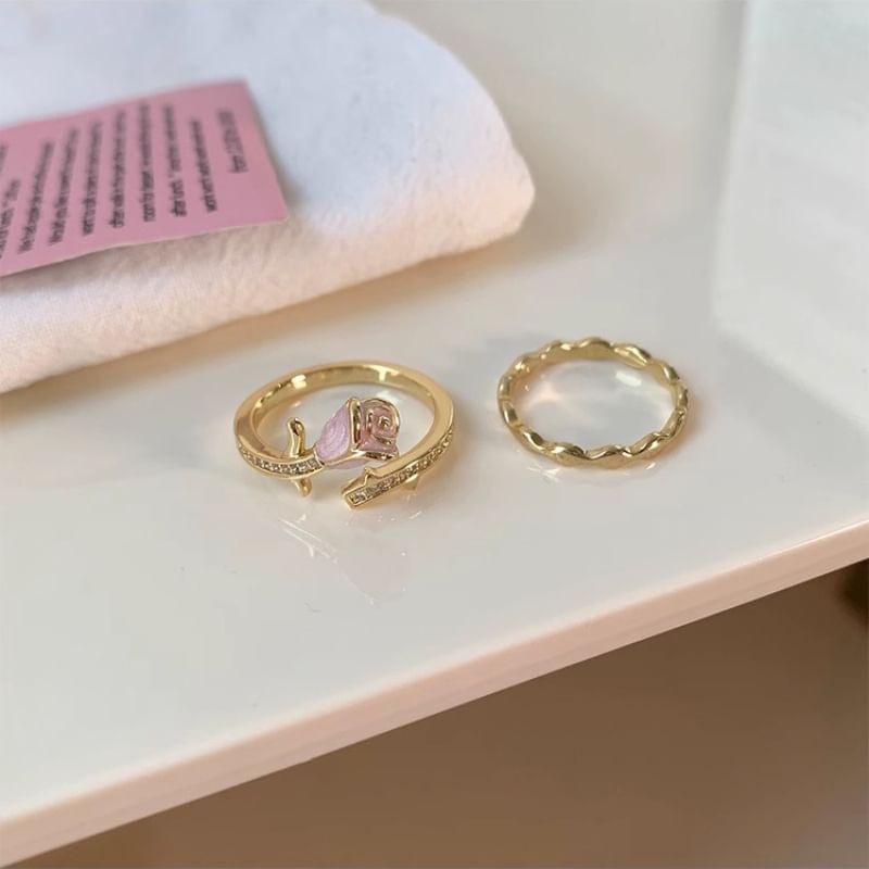 Rose Enamel Alloy Open Ring / Wavy Alloy Open Ring