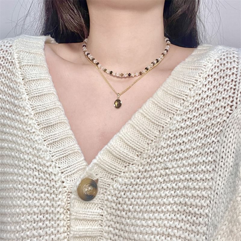 Layered Beaded Gemstone Pendant Necklace