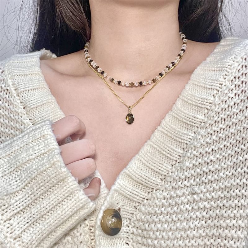 Layered Beaded Gemstone Pendant Necklace