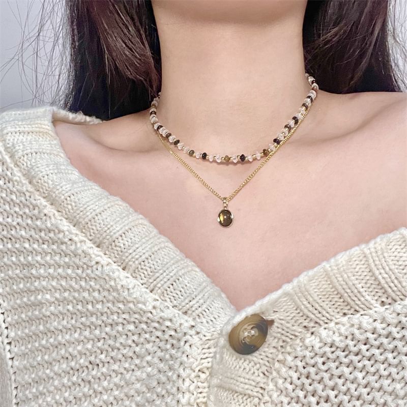 Layered Beaded Gemstone Pendant Necklace