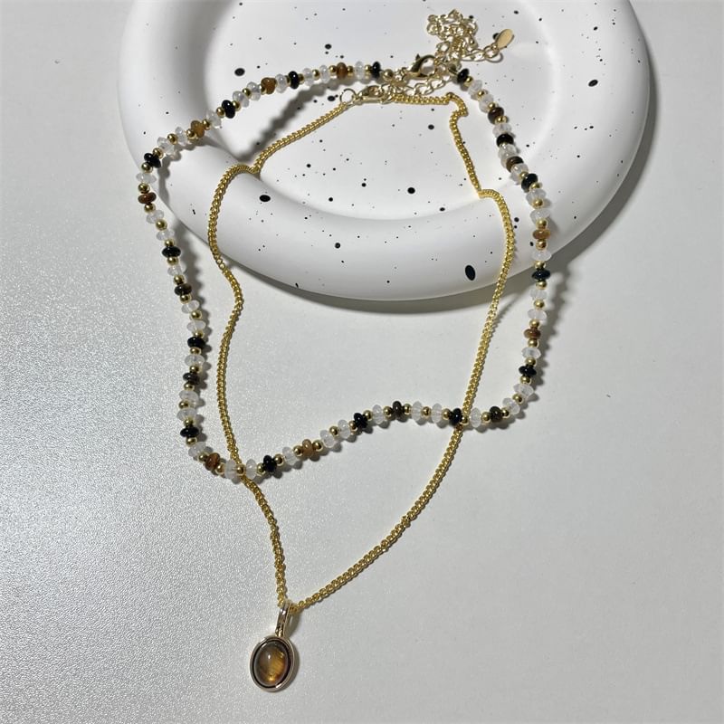 Layered Beaded Gemstone Pendant Necklace