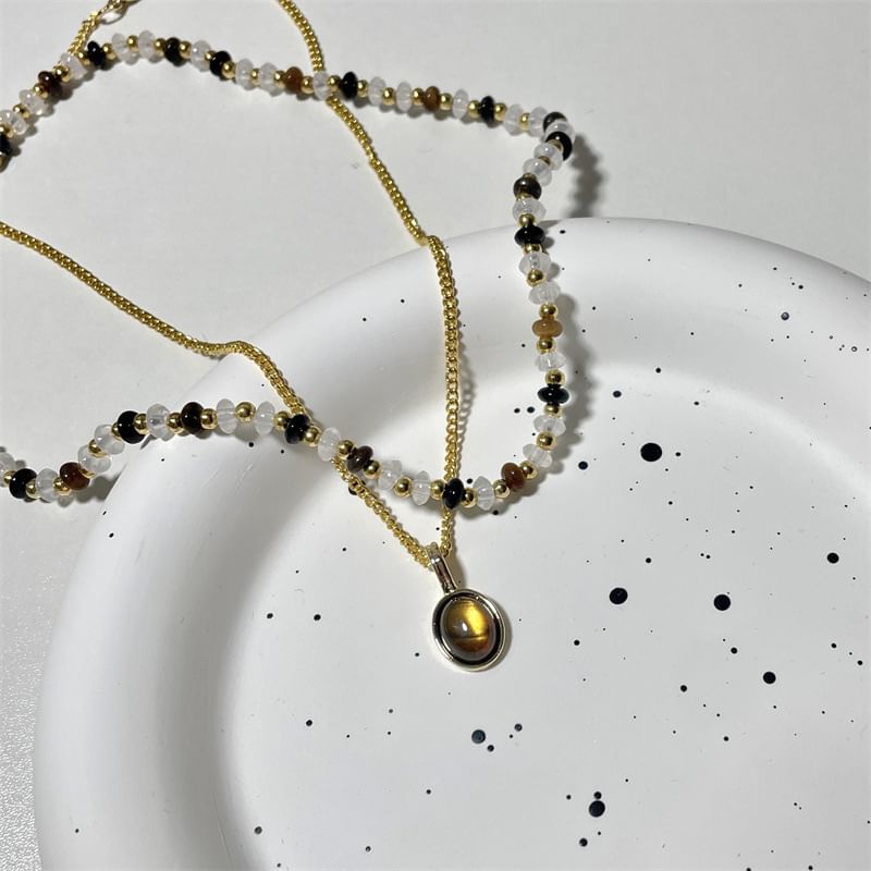 Layered Beaded Gemstone Pendant Necklace