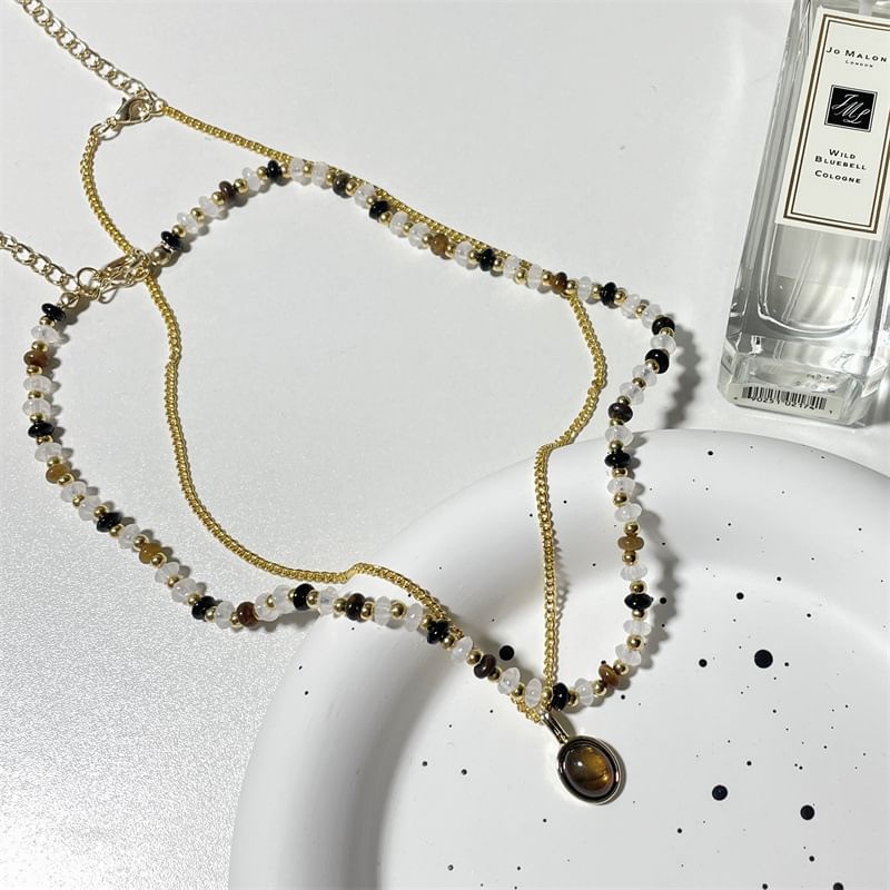 Layered Beaded Gemstone Pendant Necklace