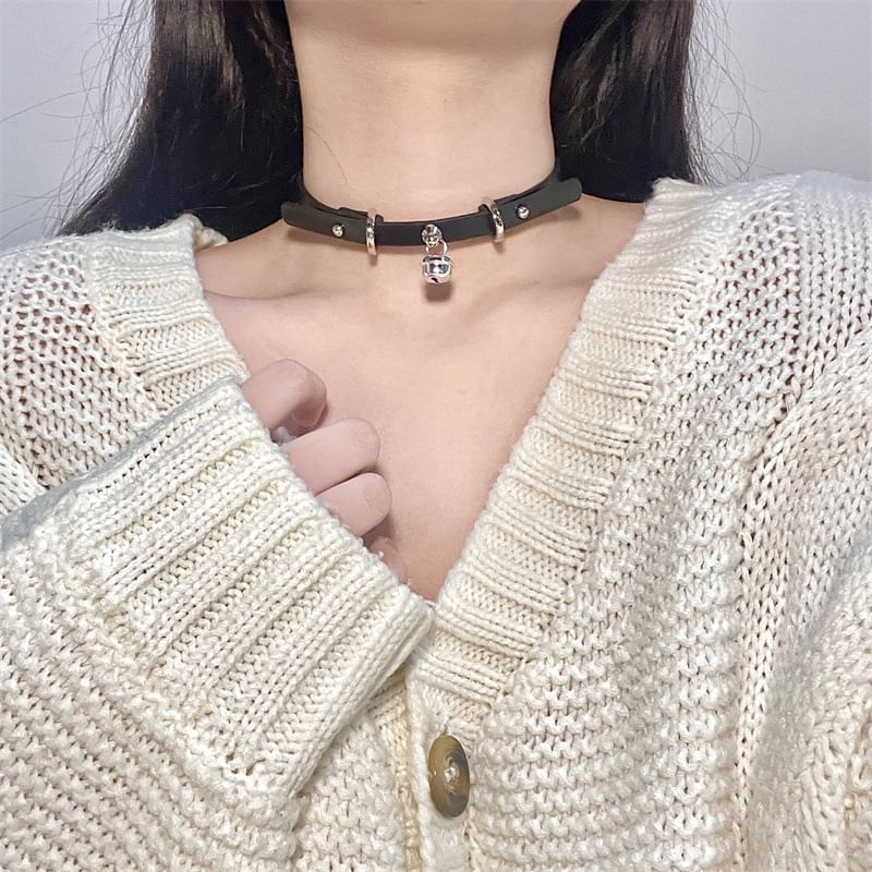 Choker Bell Leather Faux Pendant