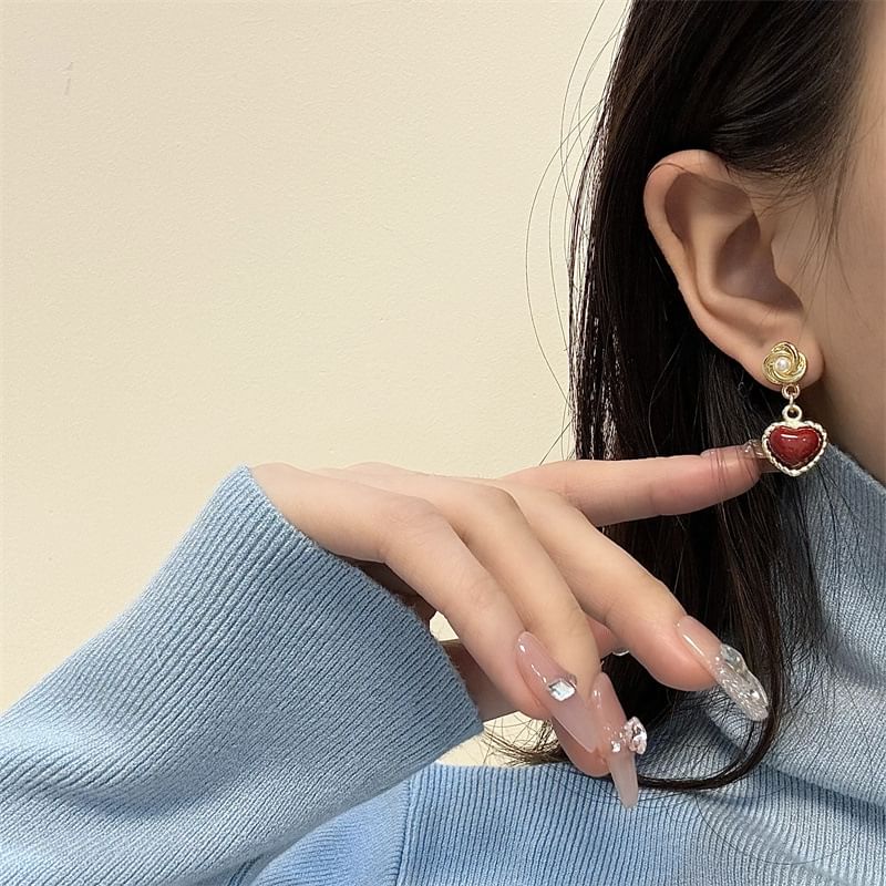 Heart Earring Faux Drop Pearl