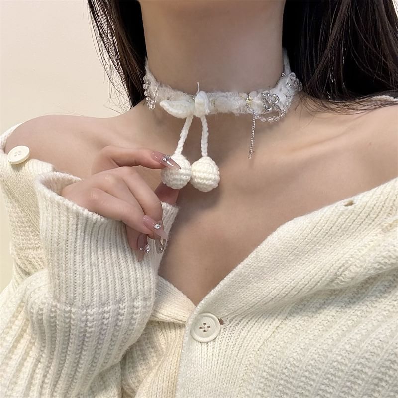 Fabric Bead Cherry Choker Fringed