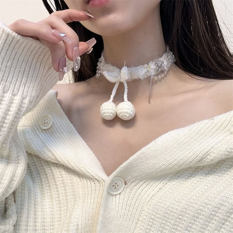 Fabric Bead Cherry Choker Fringed